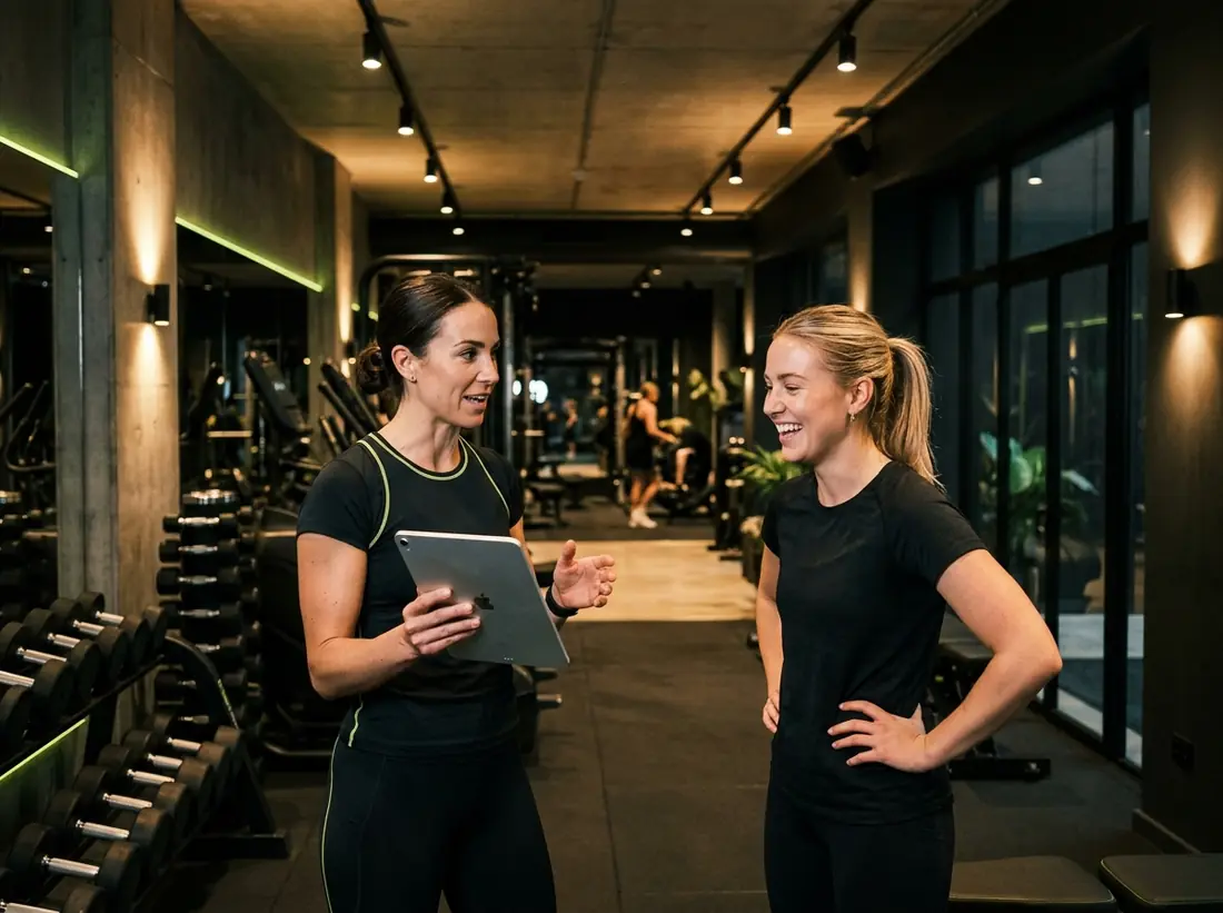 Personal trainer di Atlas spiega il programma di allenamento a una cliente