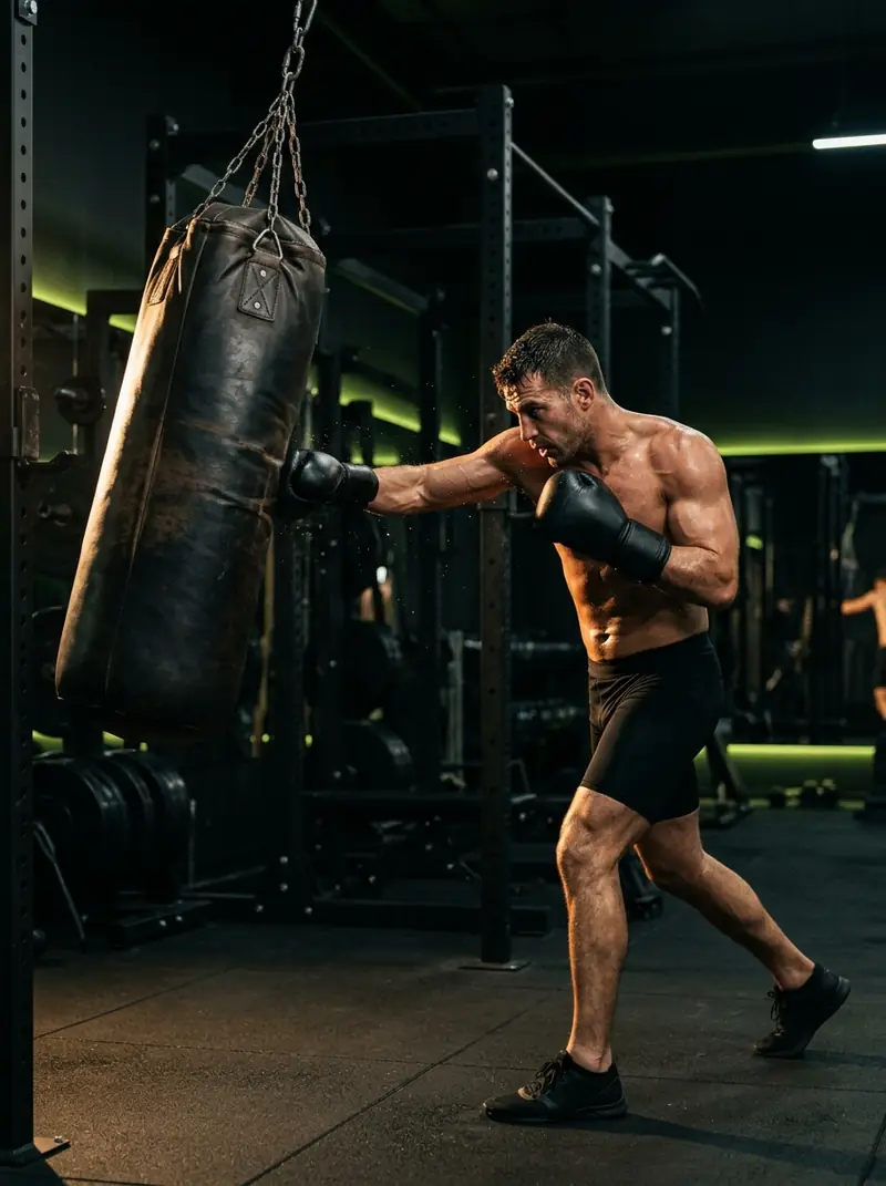 Pugile colpisce un sacco da boxe in palestra