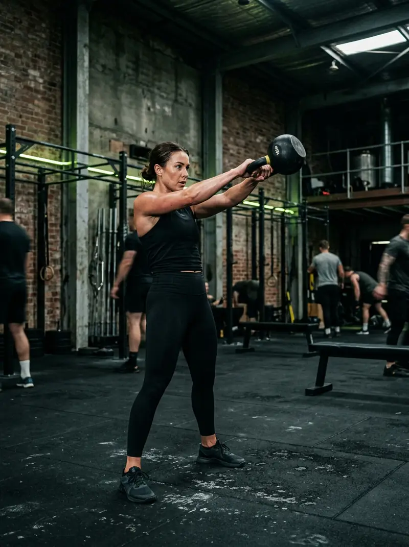 Ragazza esegue kettlebell swing durante una lezione di functional training