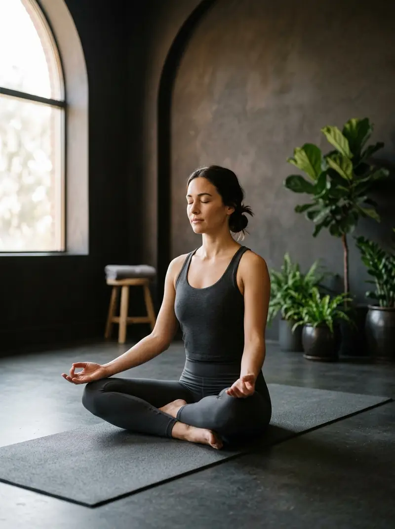 Donna in posizione di meditazione su un tappetino da yoga